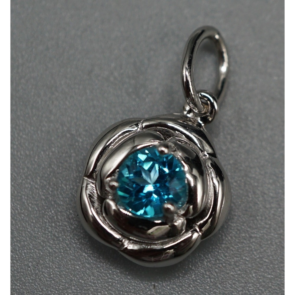 Sterling Silver S925 Blue Topaz Floral Rose Flower Pendant Charm Fine Jewelry
